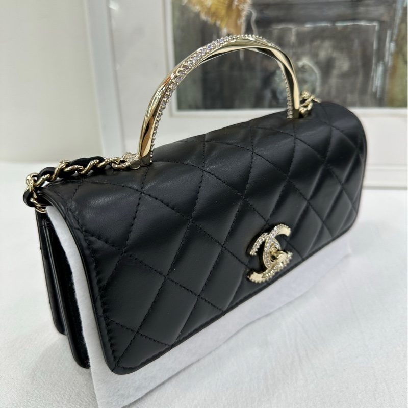 Chanel香奈兒 24K水鑽手柄woc黑金羊皮 有購證-4