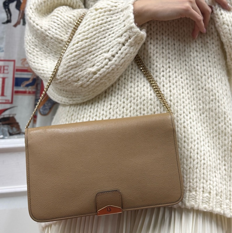 Christian Dior 迪奧 真皮兩用包 斜背包 腋下包 淺棕色 卡其色-1