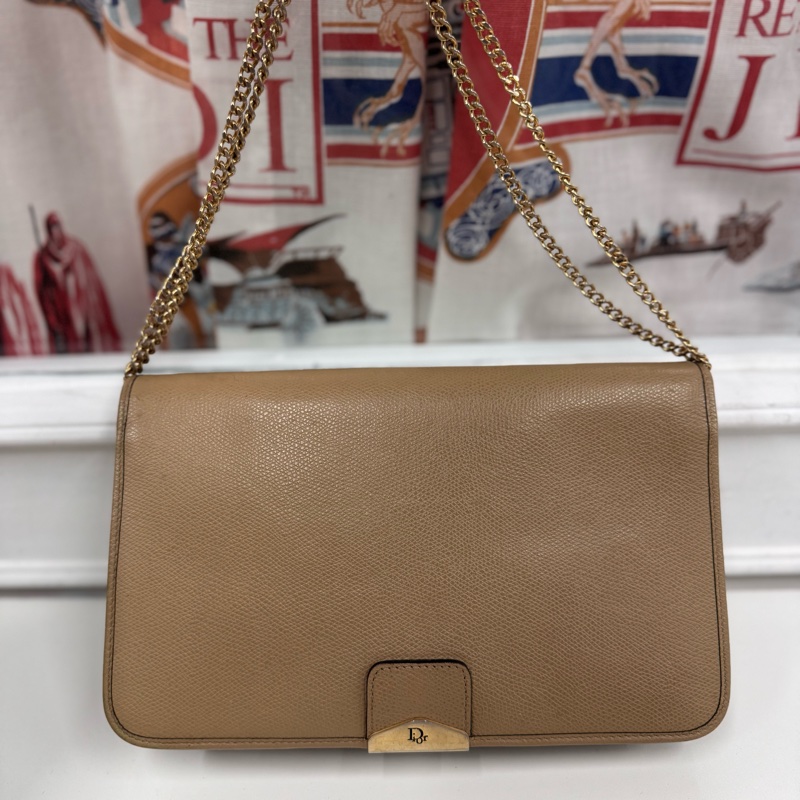 Christian Dior 迪奧 真皮兩用包 斜背包 腋下包 淺棕色 卡其色-3