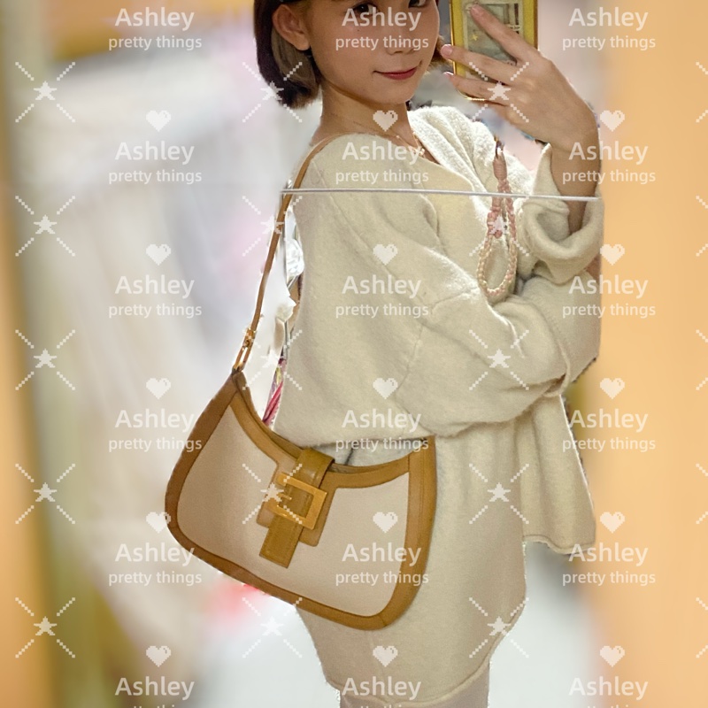 Gucci 棕色系 米白帆布拼接咖啡色皮革肩背腋下包-0