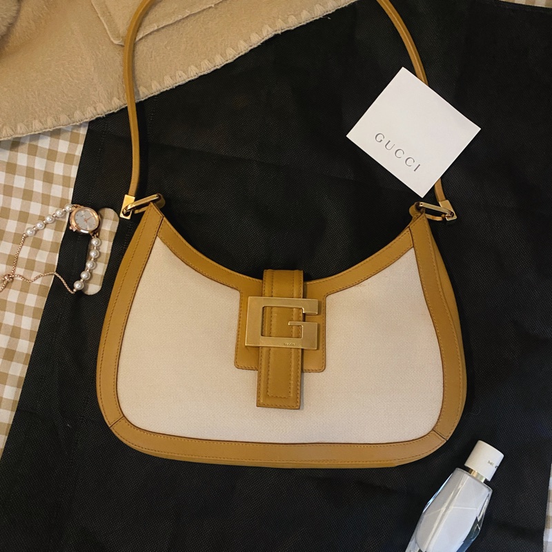 Gucci 棕色系 米白帆布拼接咖啡色皮革肩背腋下包-2