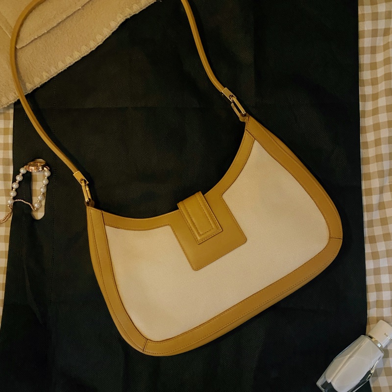 Gucci 棕色系 米白帆布拼接咖啡色皮革肩背腋下包-3