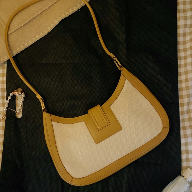 Gucci 棕色系 米白帆布拼接咖啡色皮革肩背腋下包-6
