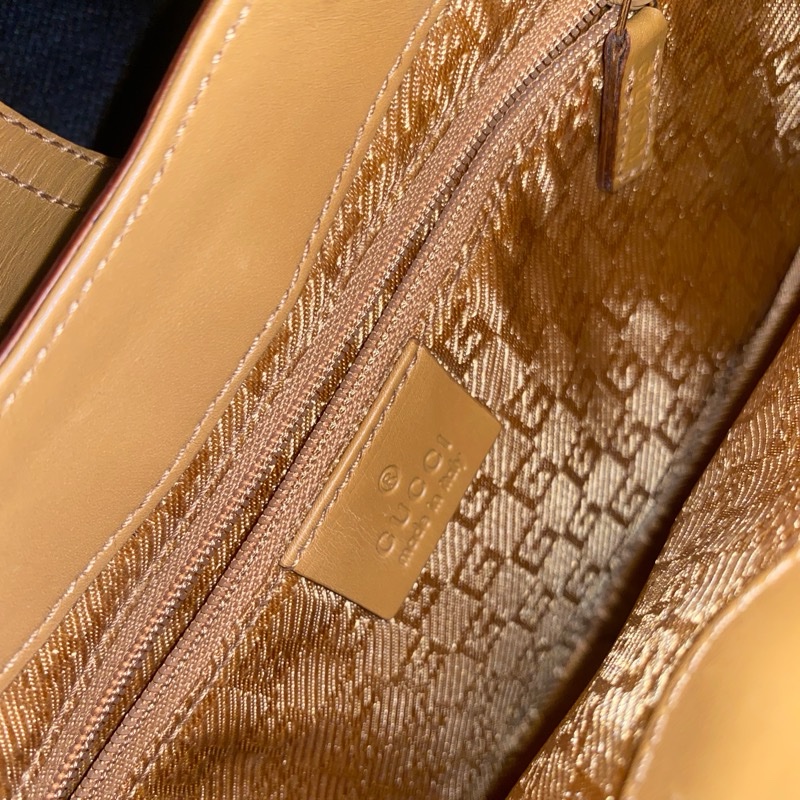 Gucci 棕色系 米白帆布拼接咖啡色皮革肩背腋下包-8