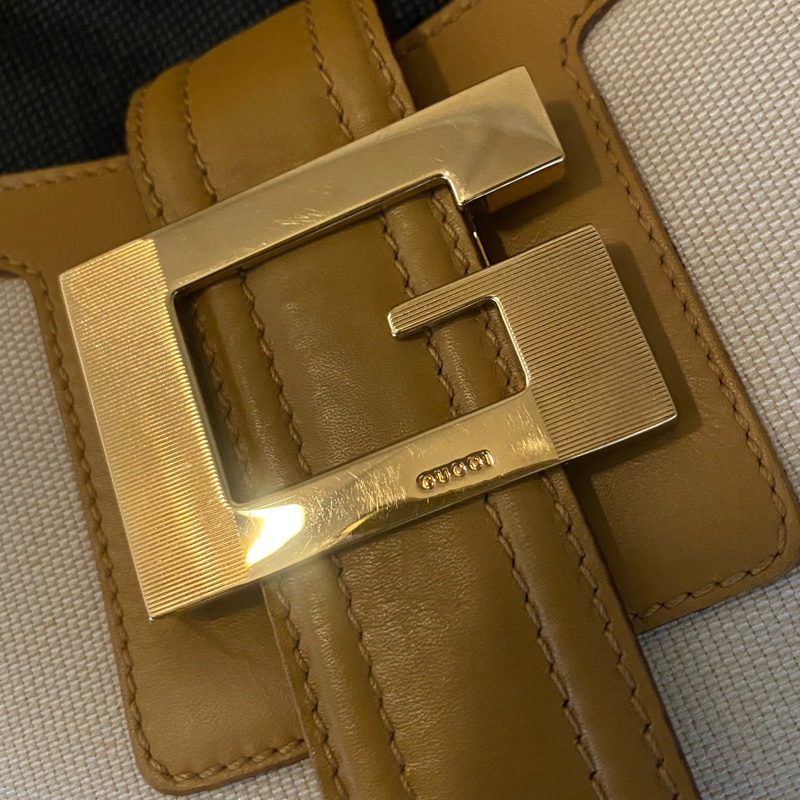 Gucci 棕色系 米白帆布拼接咖啡色皮革肩背腋下包-9