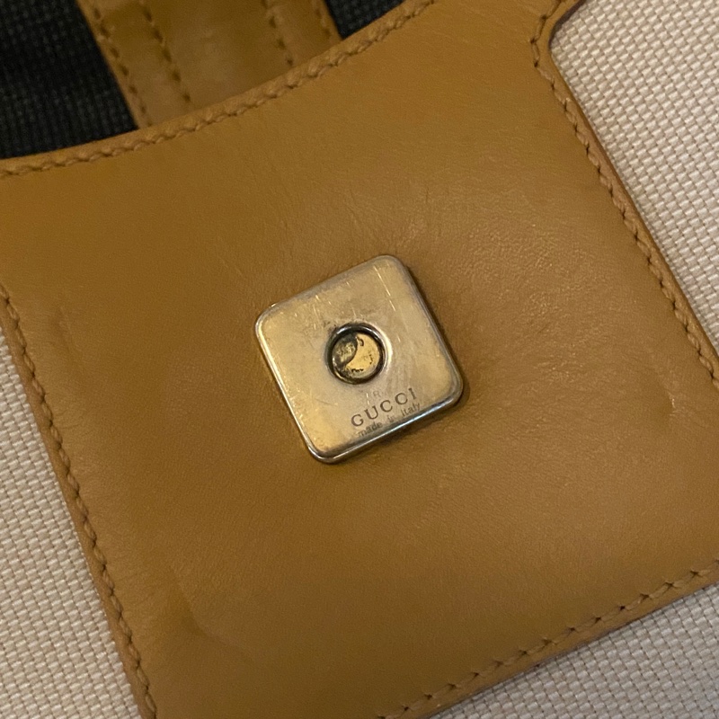 Gucci 棕色系 米白帆布拼接咖啡色皮革肩背腋下包-10