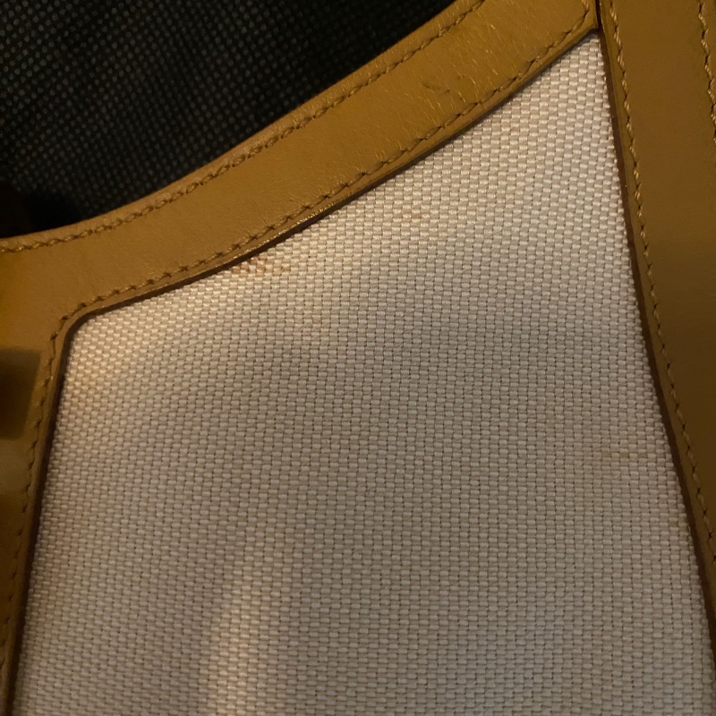 Gucci 棕色系 米白帆布拼接咖啡色皮革肩背腋下包-11
