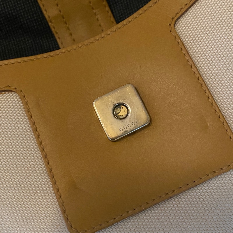 Gucci 棕色系 米白帆布拼接咖啡色皮革肩背腋下包-12