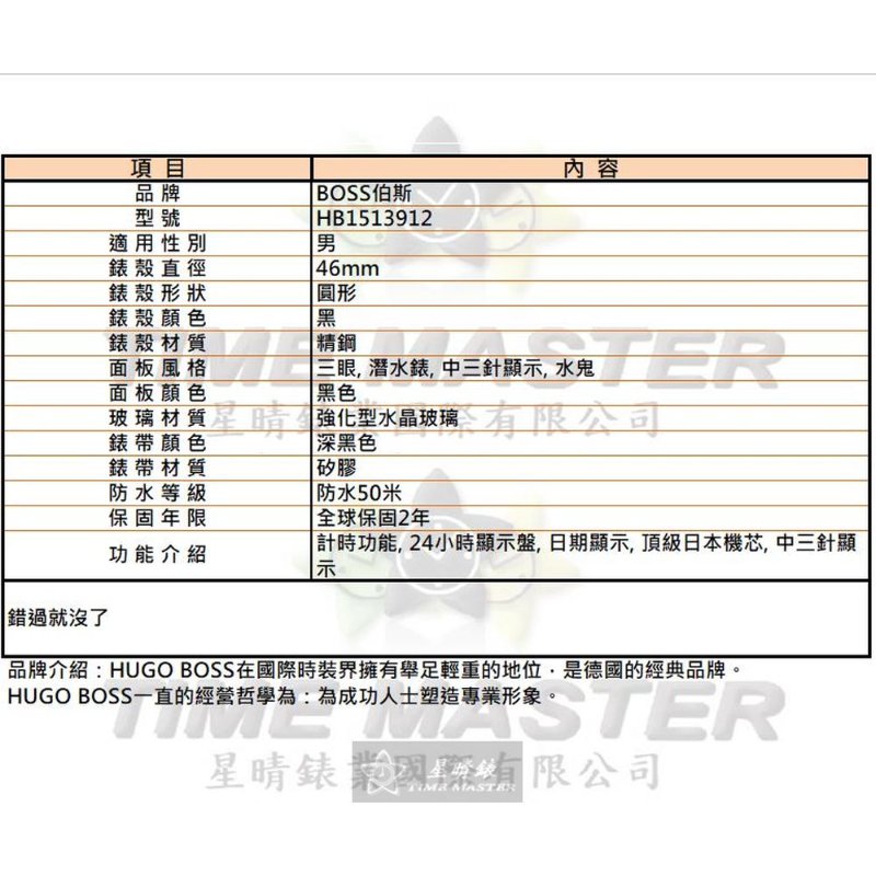 BOSS手錶,編號HB1513912,46mm黑錶殼,深黑色錶帶款-12