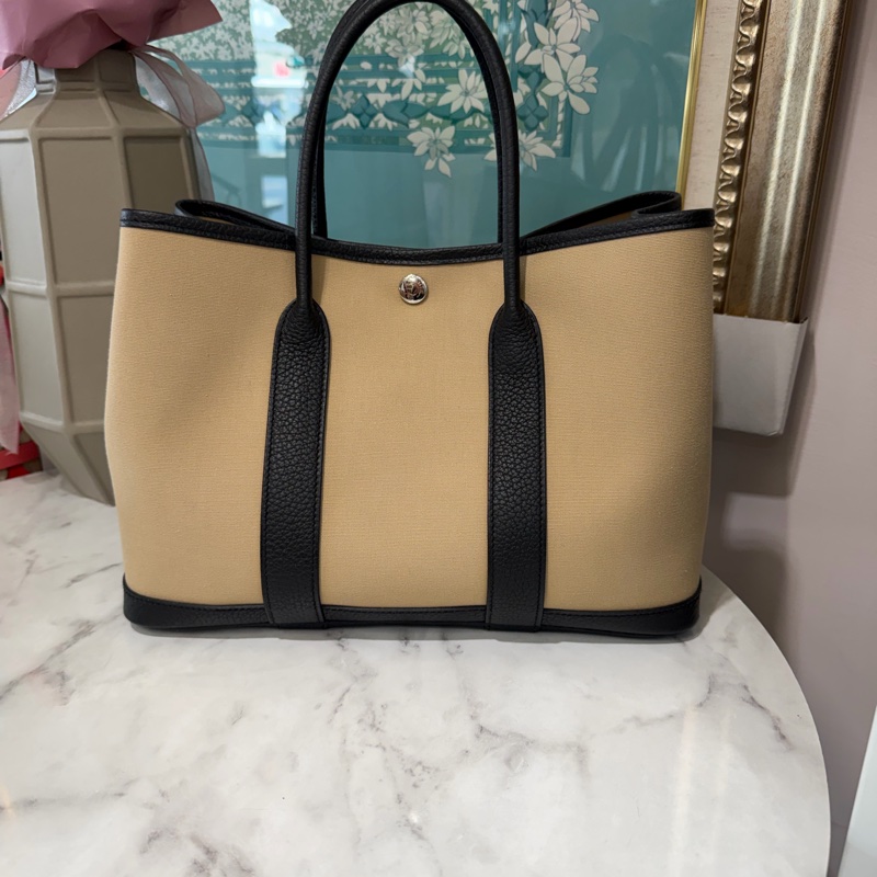 Hermes 風衣灰S2帆布拚黑Negonda皮GardenParty30銀釦手提包H051551CKAU-1