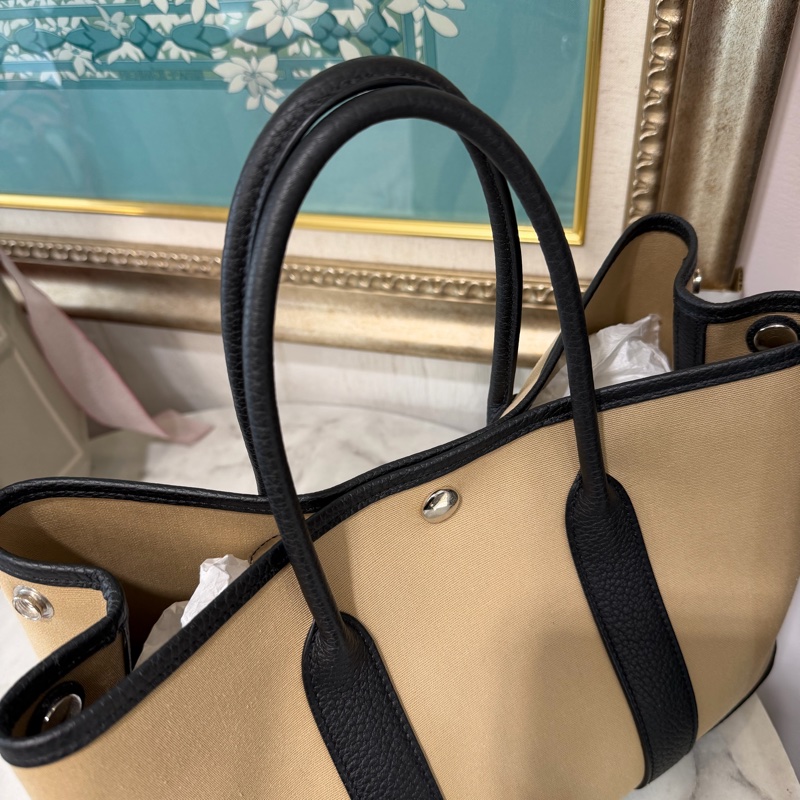 Hermes 風衣灰S2帆布拚黑Negonda皮GardenParty30銀釦手提包H051551CKAU-3