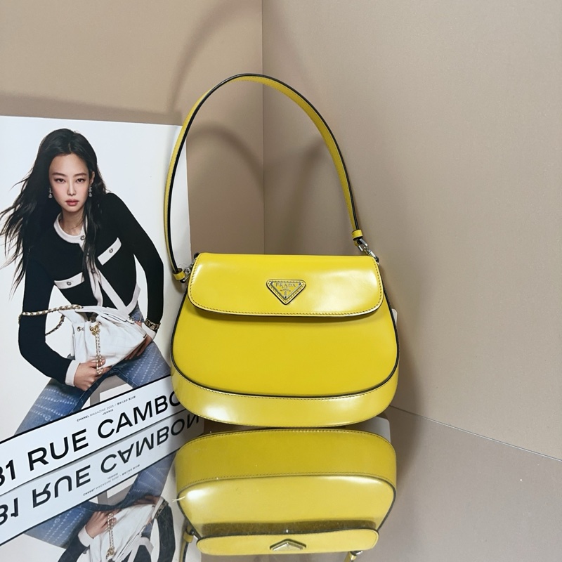 Prada  cleo翻蓋小號腋下包 box皮黃色銀扣-0