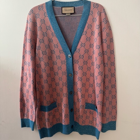 Gucci糖果粉/藍金蔥針織滿版雙G外套