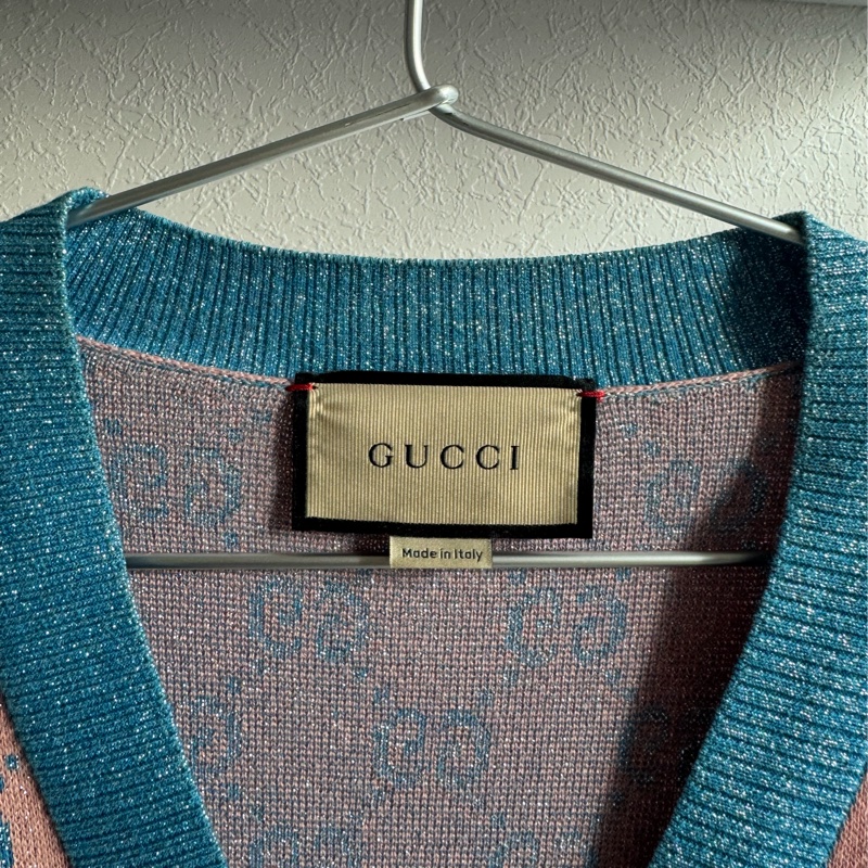 Gucci糖果粉/藍金蔥針織滿版雙G外套-1