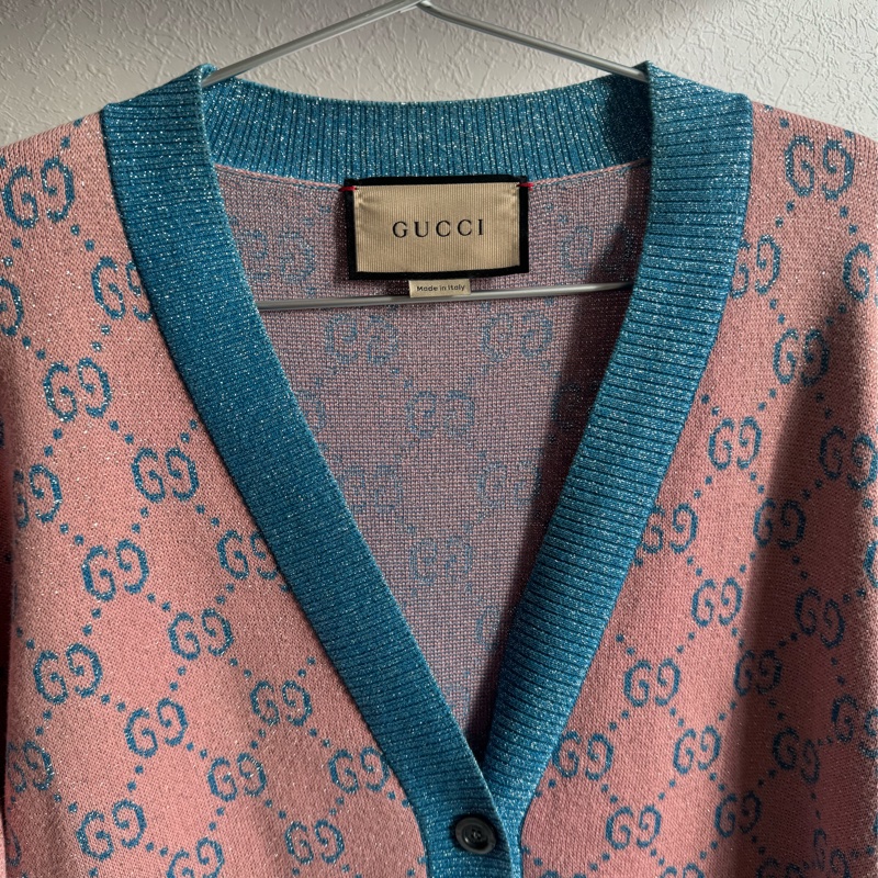 Gucci糖果粉/藍金蔥針織滿版雙G外套-2