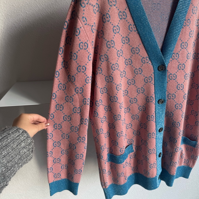Gucci糖果粉/藍金蔥針織滿版雙G外套-4