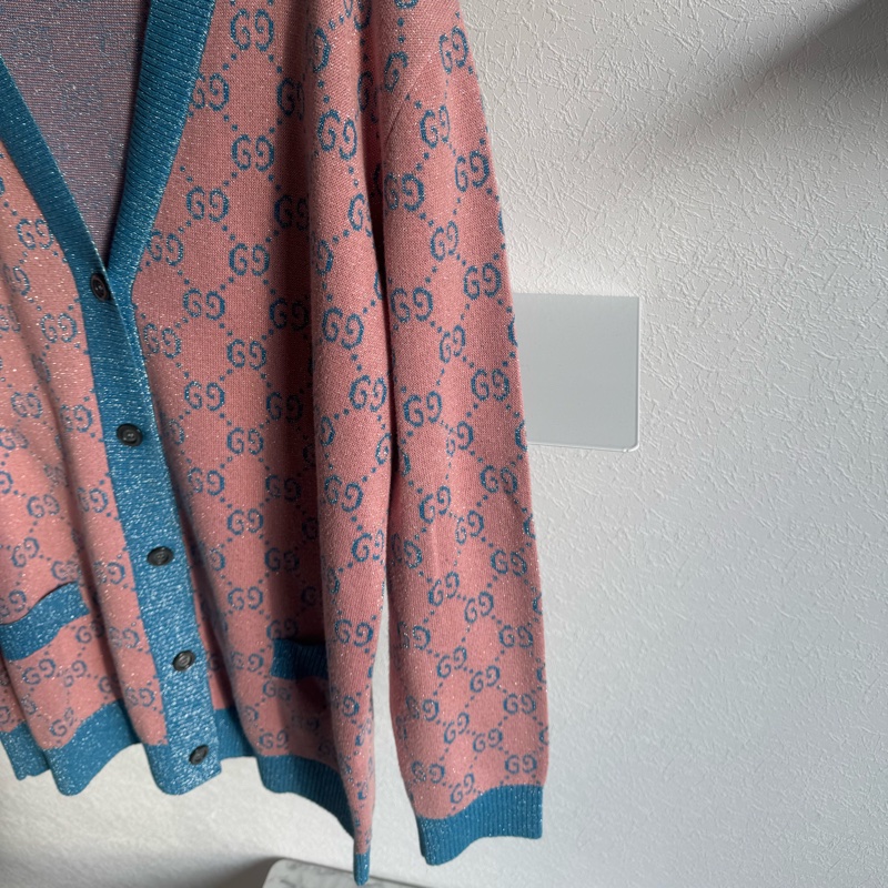 Gucci糖果粉/藍金蔥針織滿版雙G外套-7