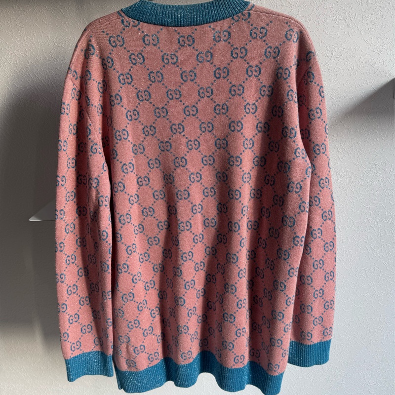 Gucci糖果粉/藍金蔥針織滿版雙G外套-8