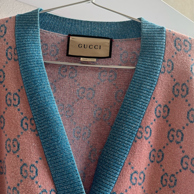 Gucci糖果粉/藍金蔥針織滿版雙G外套-13
