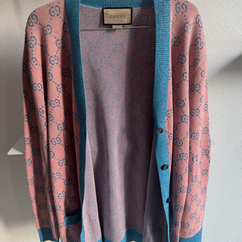 Gucci糖果粉/藍金蔥針織滿版雙G外套-14