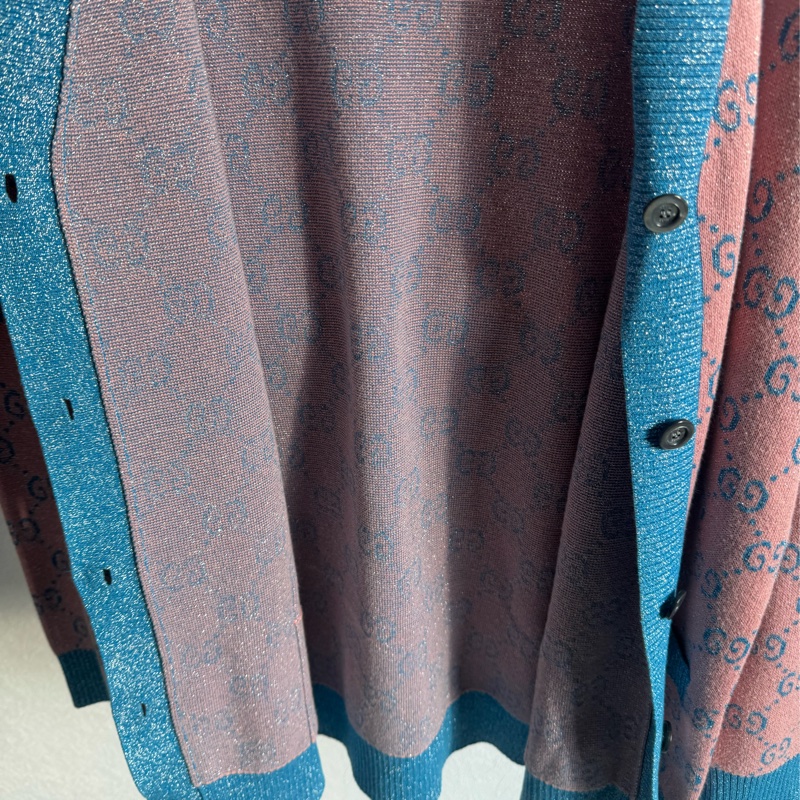Gucci糖果粉/藍金蔥針織滿版雙G外套-15