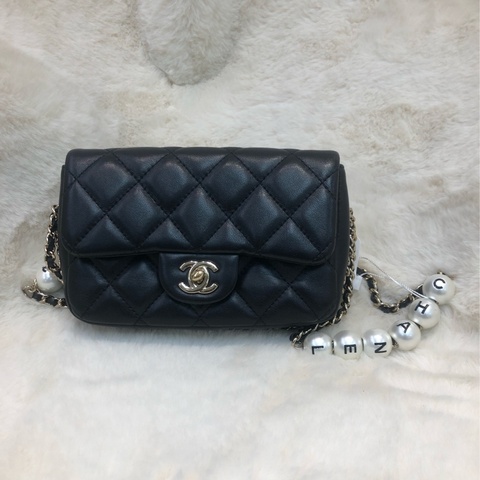 Chanel 黑色珍珠字鏈條 Flap Bag XC124