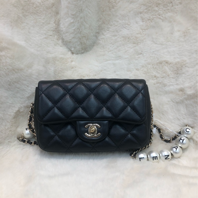 Chanel 黑色珍珠字鏈條 Flap Bag XC124-1