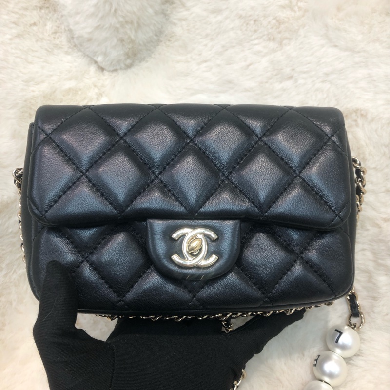 Chanel 黑色珍珠字鏈條 Flap Bag XC124-6