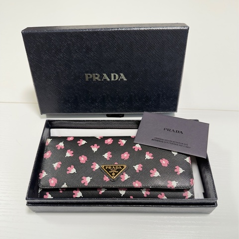（99成新）PRADA 普拉達 長款錢包 Saffiano 花卉圖案 黑粉色