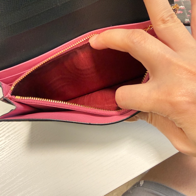 （近全新）PRADA 普拉達 長款錢包 Saffiano 花卉圖案 黑粉色-15