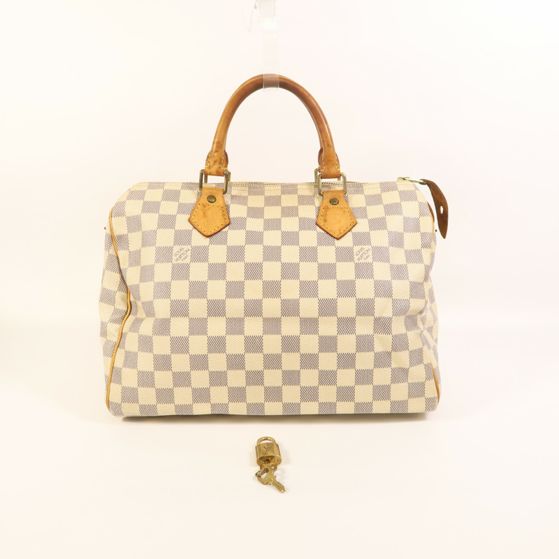 LOUIS VUITTON Damier Azur Speedy 30金扣手挽袋白色-8