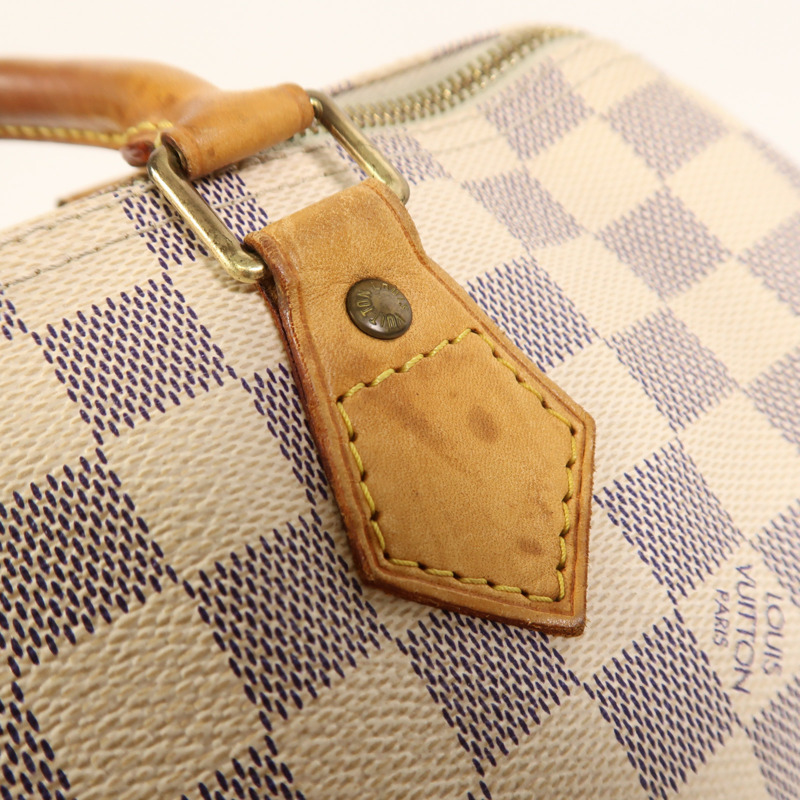 LOUIS VUITTON Damier Azur Speedy 30金扣手挽袋白色-15