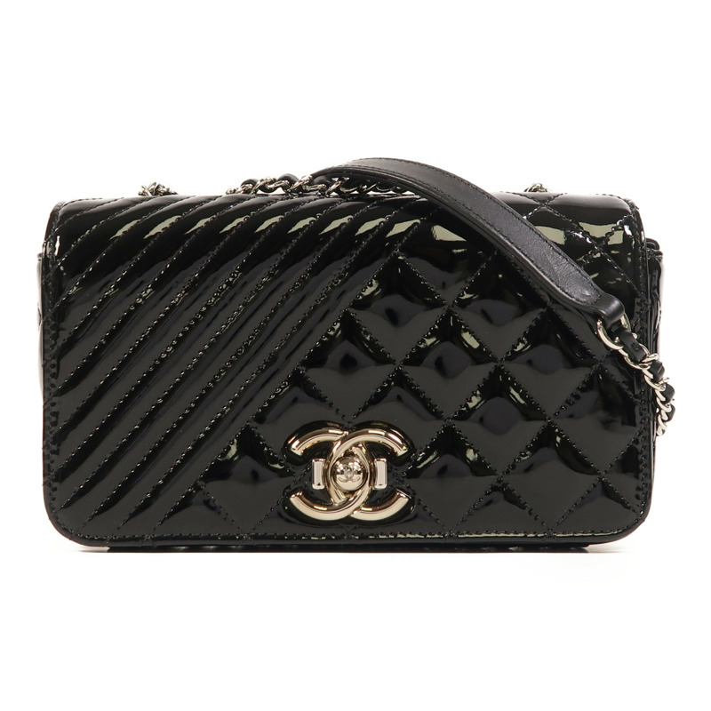 CHANEL 漆皮皮革Coco Boy Flap Bag銀扣鏈帶肩背袋-0