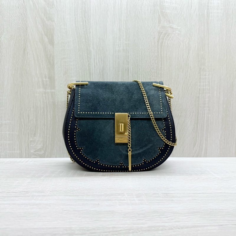 chloe深藍拼麂皮珠釘金釦小豬包-0