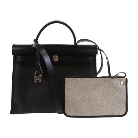 HERMES 塗層帆布/牛皮皮革Herbag PM銀扣手挽肩背兩用袋