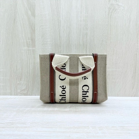 CHLOE亞麻帆布拚棕色皮革MINI WOODY側背包