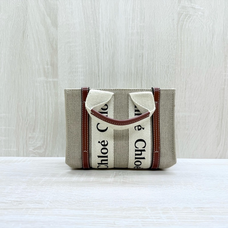 CHLOE亞麻帆布拚棕色皮革MINI WOODY側背包-0