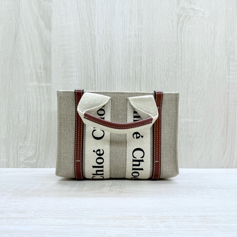 CHLOE亞麻帆布拚棕色皮革MINI WOODY側背包-1