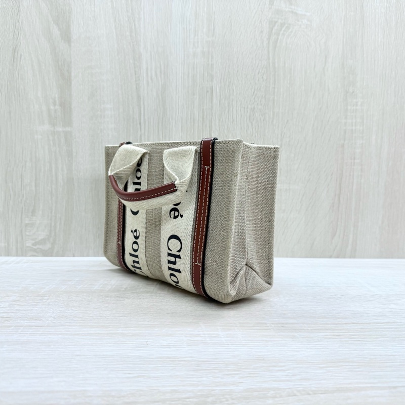 CHLOE亞麻帆布拚棕色皮革MINI WOODY側背包-3