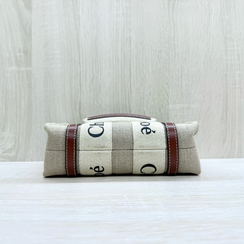 CHLOE亞麻帆布拚棕色皮革MINI WOODY側背包-4