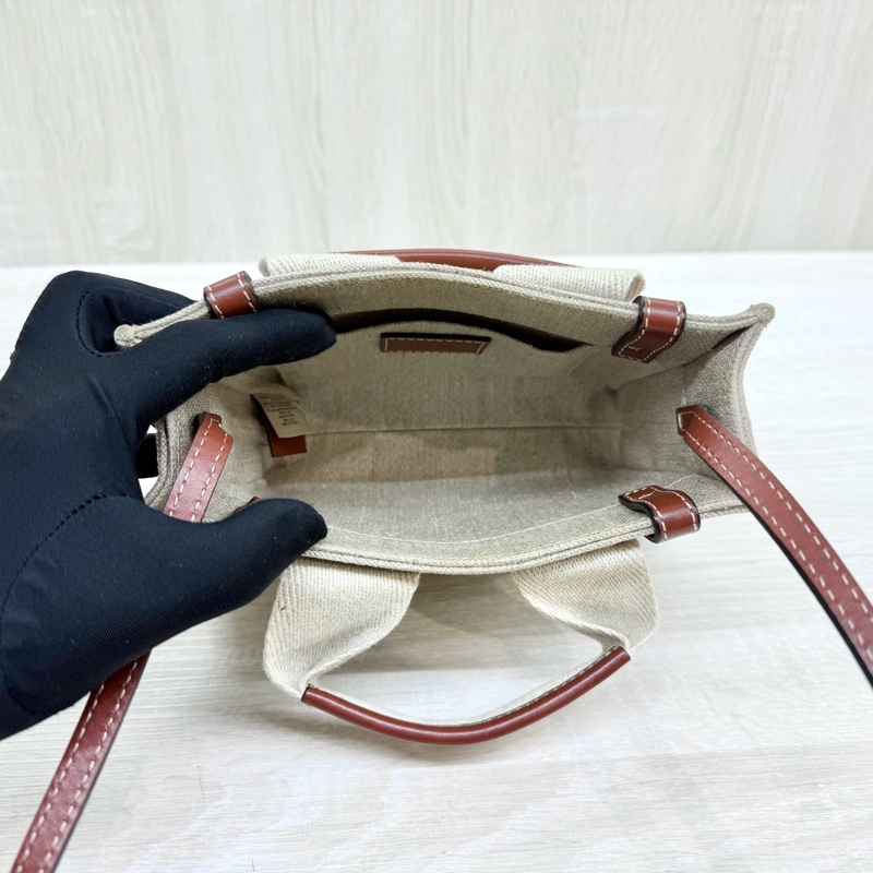 CHLOE亞麻帆布拚棕色皮革MINI WOODY側背包-5