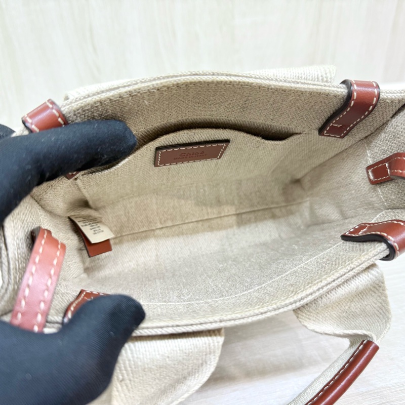 CHLOE亞麻帆布拚棕色皮革MINI WOODY側背包-6