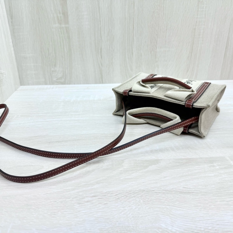 CHLOE亞麻帆布拚棕色皮革MINI WOODY側背包-7