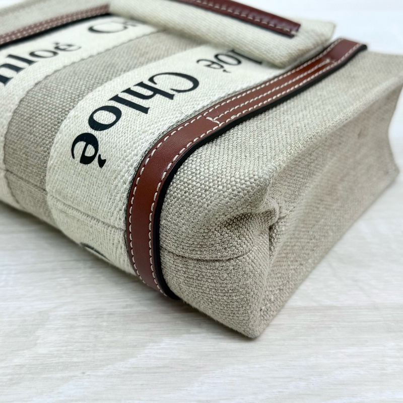 CHLOE亞麻帆布拚棕色皮革MINI WOODY側背包-8