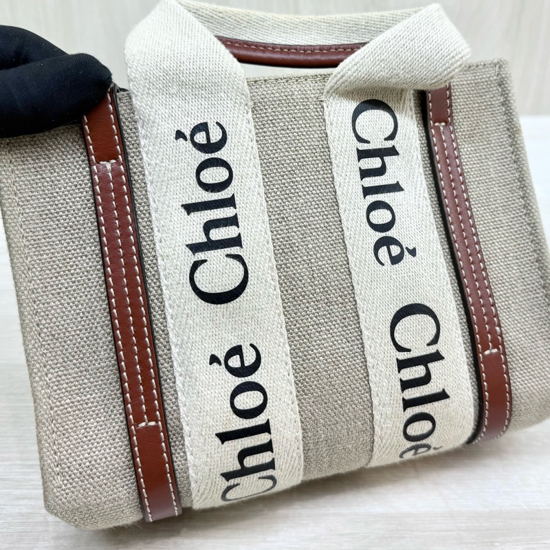 CHLOE亞麻帆布拚棕色皮革MINI WOODY側背包-9