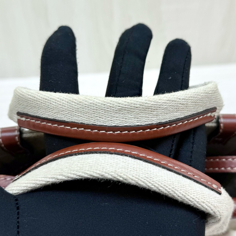 CHLOE亞麻帆布拚棕色皮革MINI WOODY側背包-10