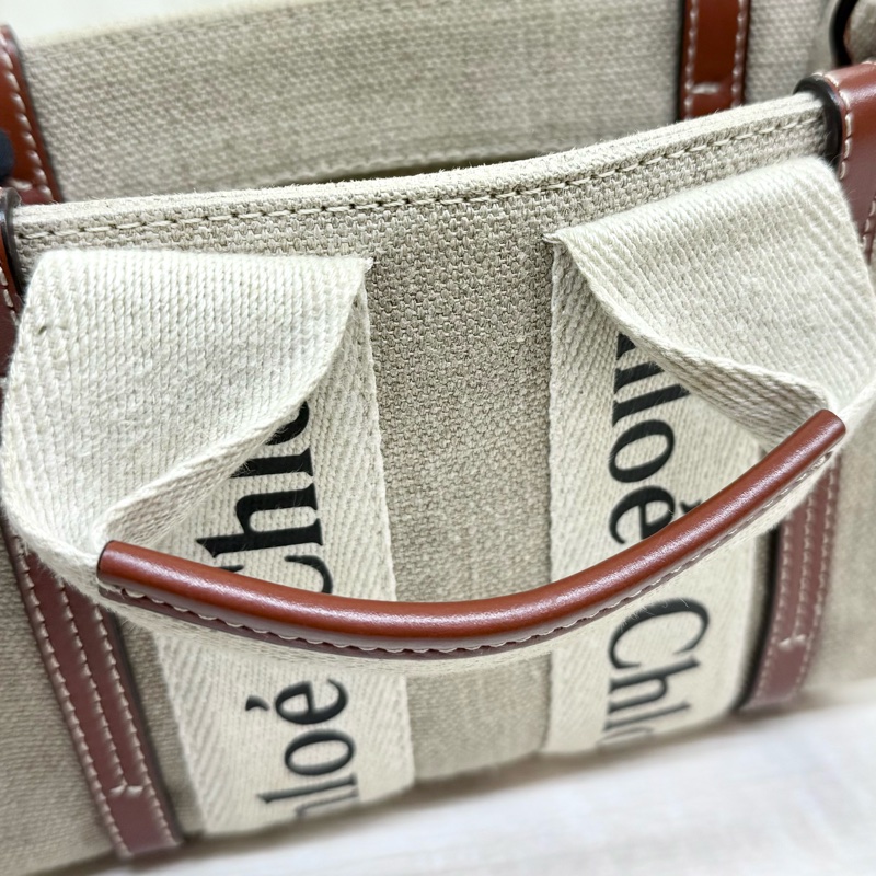 CHLOE亞麻帆布拚棕色皮革MINI WOODY側背包-11