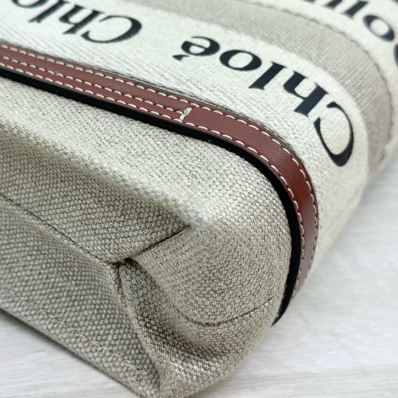 CHLOE亞麻帆布拚棕色皮革MINI WOODY側背包-14