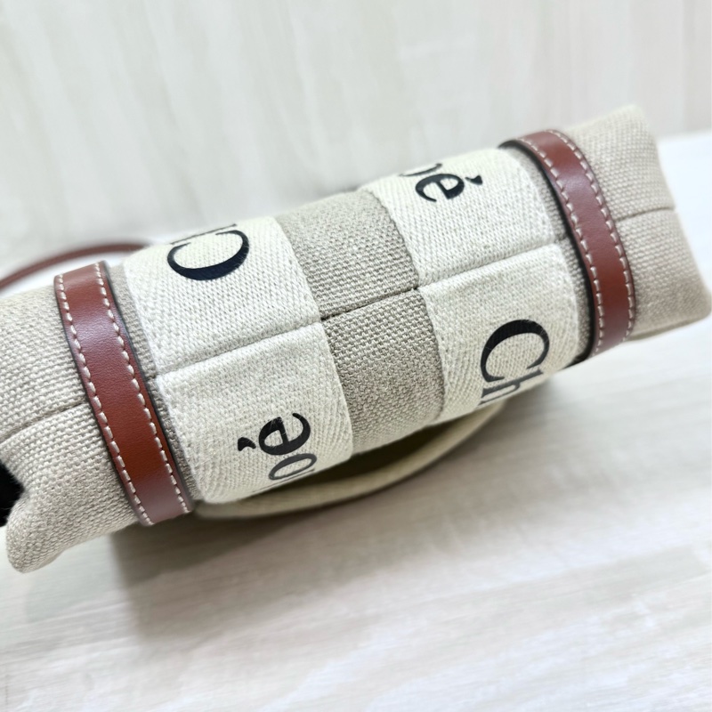 CHLOE亞麻帆布拚棕色皮革MINI WOODY側背包-15