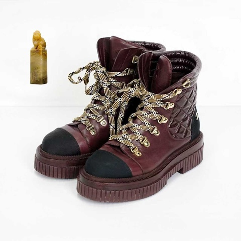 Chanel 香奈兒格菱靴子 酒紅色短筒 98新  35.5 碼